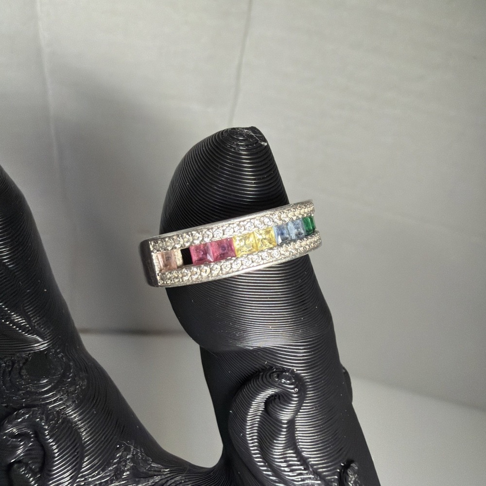 925 Sterling Silver Multi Gemstone Ring Size 11 Rainbow Channel Set Band